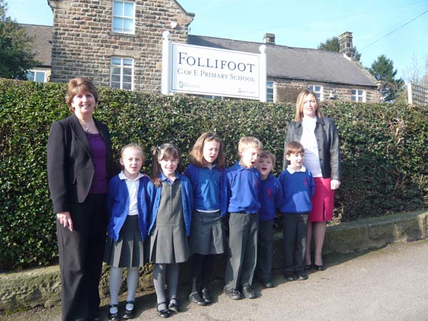 Maureen Benson, pupils of Follifoot CE Primary School,new headteacher Lisa Metcalfe