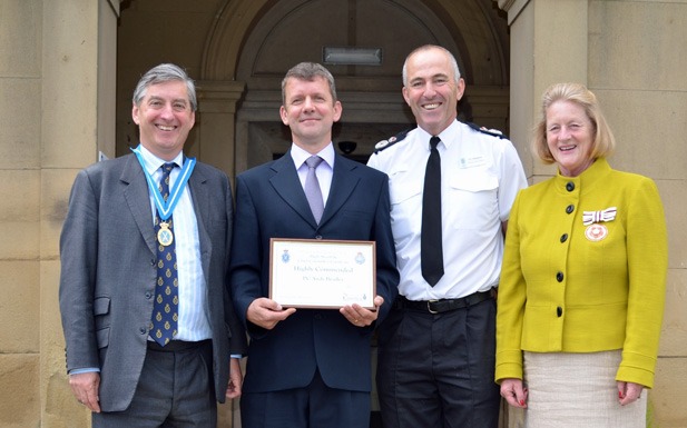 Left to right: High Sheriff of North Yorkshire Peter Scrope DL, Andy Bradley, Temporary Chief Constable Tim Madgwick, Mrs Alex Holford (former High Sheriff 2011 – 2012)