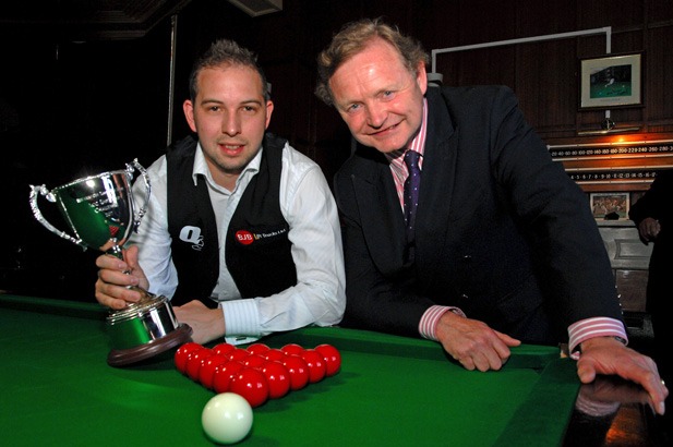 Smooth Operator! Theakston Smooth Dark Snooker tournament winner Jamie Barrett (left) is presented with his trophy by T&R Theakston Ltd Executive Director Simon Theakston
