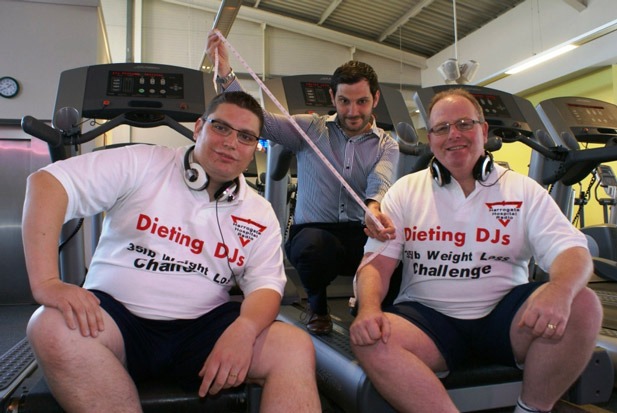 Dieting DJs! Harrogate Hospital Radio presenters Scott Wall (left) and Shaun Gill are supervised by Nuffield Health & Fitness club manager Tom Greaves