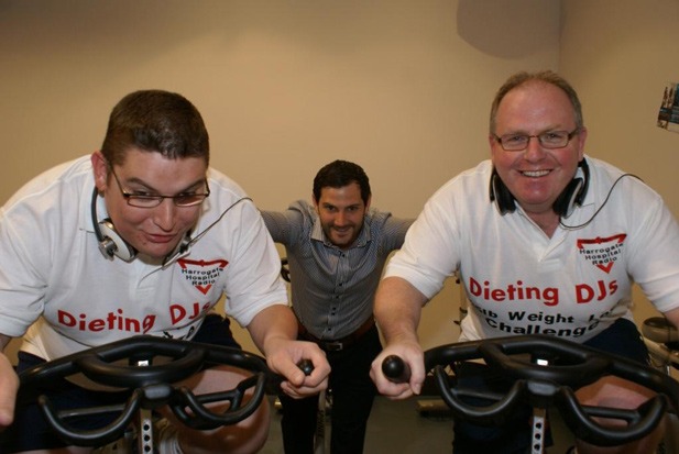 Dieting DJs! Harrogate hospital presenters Scott Wall (left) and Shaun Gill are supervised by Nuffield Health & Fitness club manager Tom Greaves
