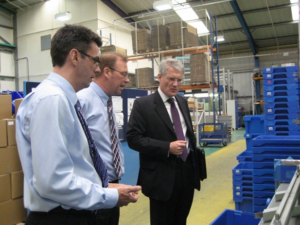 Andrew Jones MP discussing BNL’s Knaresborough operations with, from left to right, Mark Watkins, EMEA Sales Manager, and Steve Burrell, UK Operations Manager.