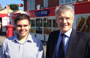 Councillor Alec Brown (left) and Andrew Jones MP welcome the new style post office at Crab Lane, Harrogate.
