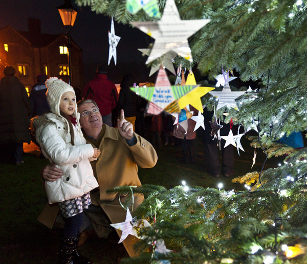Ella Grace Hosie, 6 and grandfather John Gibbins look at the dedicated lights and stars