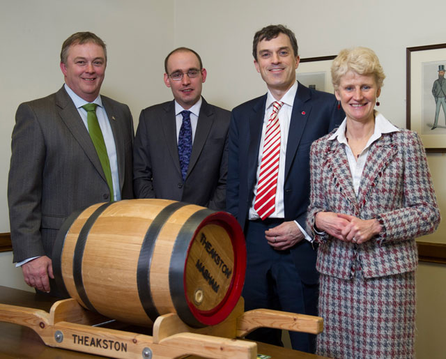 Julian Smith MP with the special Theakston’s barrel at the Westminster event earlier this month and (left to right) Jonathan Mail of CAMRA, Keith Bott of the Society of Independent Brewers and Brigid Simmonds OBE of the British Beer & Pub Association