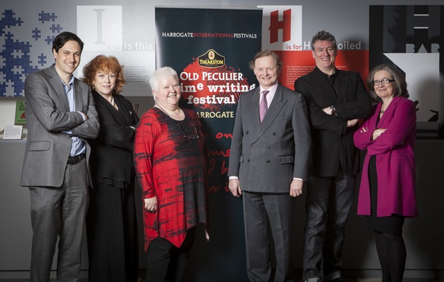The 2013 Theakstons Old Peculier Crime Writing Festival Programming Committee, L-R: Publisher David Shelley, Agent Jane Gregory authors Val McDermid, Simon Theakstons, Martyn Waites and NJ Cooper