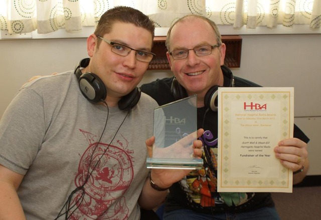 Fat Boys Slim! Harrogate Hospital Radio presenters Scott Wall (left) and Shaun Gill with their national award for their fund-raising activities