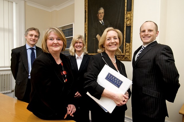 (L to R) are key figures in Barber Titleys Wills, Trusts and Probate Team: partner, Mark Jones; new partner, Catherine Armitage; legal executive, Rosalind Burton; partner and Head of Wills, Trusts and Probate, Judith Long and solicitor, Kieran McIvor who has joined the practice from a North West law firm. The portrait in the background is Barber Titleys founding partner, Francis Barber (L to R) are key figures in Barber Titleys Wills, Trusts and Probate Team: partner, Mark Jones; new partner, Catherine Armitage; legal executive, Rosalind Burton; partner and Head of Wills, Trusts and Probate, Judith Long and solicitor, Kieran McIvor who has joined the practice from a North West law firm. The portrait in the background is Barber Titleys founding partner, Francis Barber.