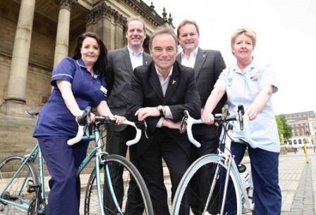 Launching the official partnership from left to right are: Louise Bryan (Marie Curie Nurse), Bernard Hinault, Tour de France ambassador and five times winner of the Tour de France, Carol Call (Marie Curie Nurse), Christian Prudhomme (Tour de France director) and Gary Verity (Chief Executive of Welcome to Yorkshire)