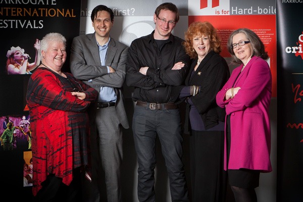 2014 Programming Committee. L-R: Author Val McDermid, Little Brown publisher David Shelley, Programming Chair and author, Steve Mosby, literary agent Jane Gregory, and author NJ Cooper