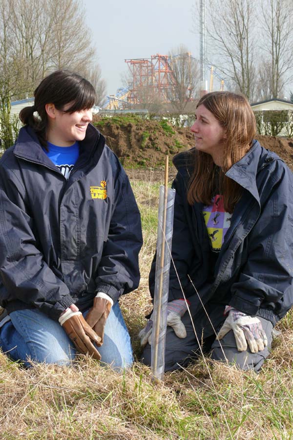 CIRCLE Research Interns Helen Phillips and Natasha Hambly helping to create a wooded area in the park