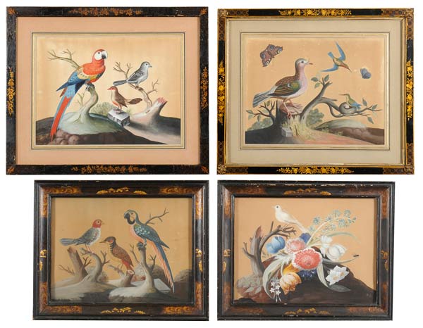 Samuel Dixon (c.1755) Foreign and domestic birdsA set of four "basso relievo" embossed bird paintings contained in their original black Japanned frames £3,000-5,000