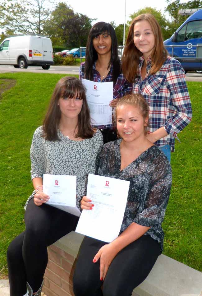 Clockwise from front left: Rossett students Hannah Davy, Monica Rall, Poppy Bickerdike and Sophie Lyth all got the grades they needed for their chosen courses