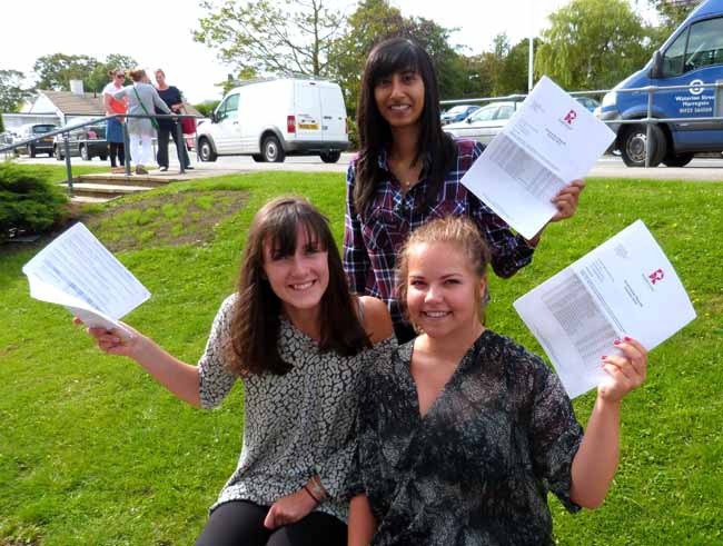 Top grades – Hannah Davey, front left, achieved two A*s and one A grade and will go on to study pharmacy at Nottingham University