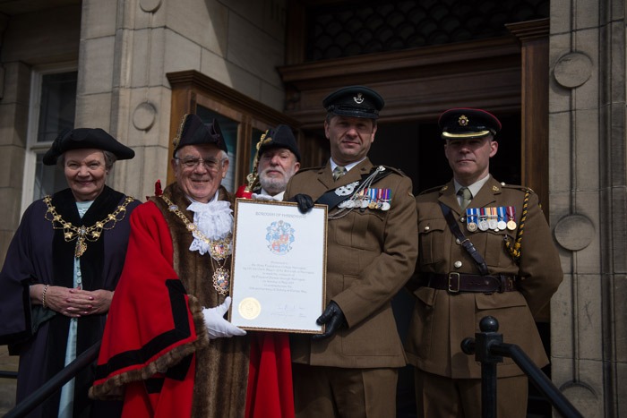 The Army Foundation College’s Commanding Officer, Lieutenant Colonel Oz Lane, Her Majesty’s Deputy Lieutenant, Brigadier Nigel Wood, and the Mayor of the Borough of Harrogate, Councillor Jim Clark