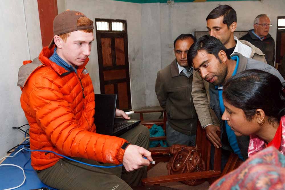 Ex Rossett pupil, Callum Morrison, helps give local teachers in the Panchamul Valley basic IT training in one of the new IT suites