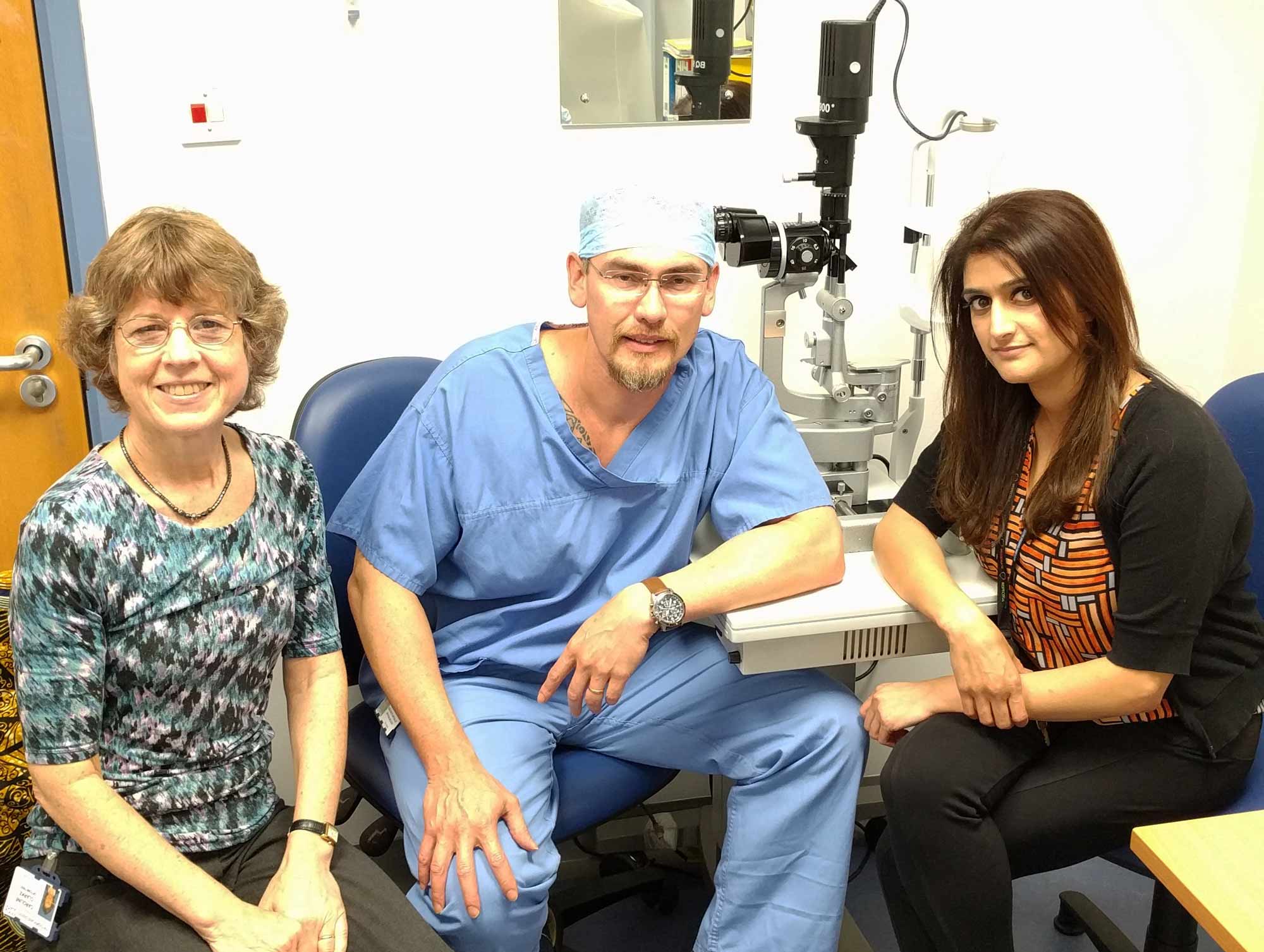 Caroline Clarke, Optometrist, Tony Burton, Associate Specialist in Ophthalmology and Eve Panesar, Advanced Orthoptist