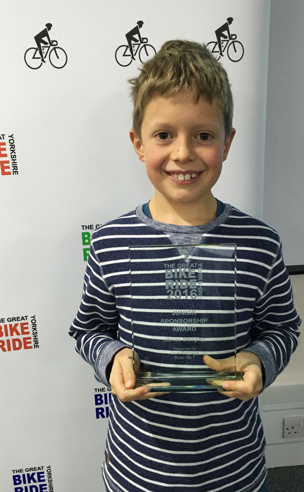 Eight-year-old James Beagley has been awarded with the ‘Junior Sponsorship Award’ after raising £1,288 for charity by taking part in the Great Yorkshire Bike Ride