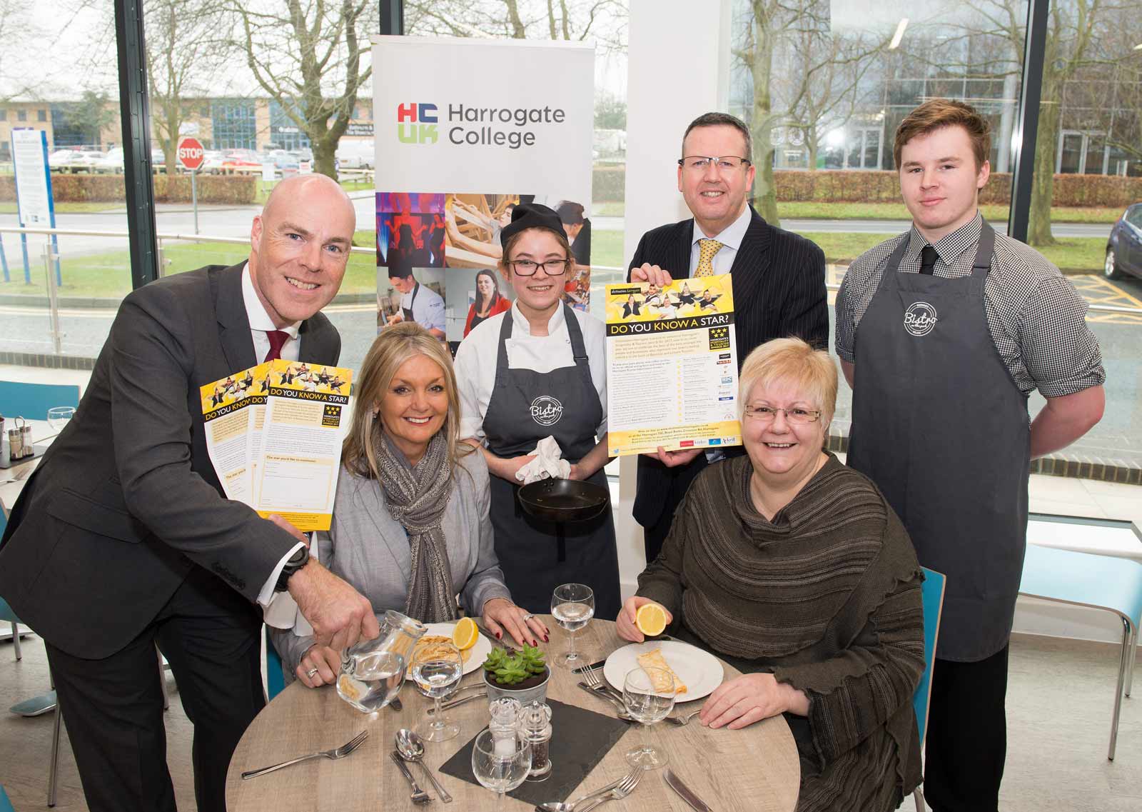 David Ritson, General Manager of the Old Swan hotel and Chair of Destination Harrogate, Debbie Forsyth Conroy Harrogate College Principal, Level 2 Hospitality and Catering students Chef - Hazel Warters and Waiter - Tom-Taylor Scaife, Sandra Doherty, Chief Executive Harrogate District Chamber of Commerce and Simon Cotton General Manager of the Cedar Court hotel and awards organiser enjoy pancakes cooked by the students at Harrogate College