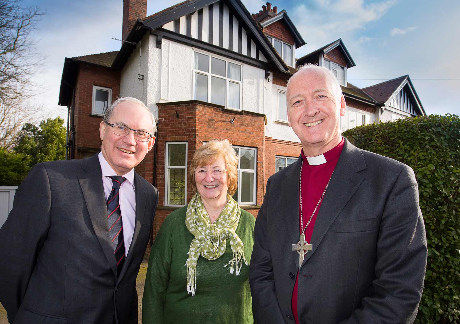 Nigel McClea and Moira Start of Wellspring and the Rt Rev Nick Baines, the Bishop of Leeds, outside Wellspring’s new premises and in the garden