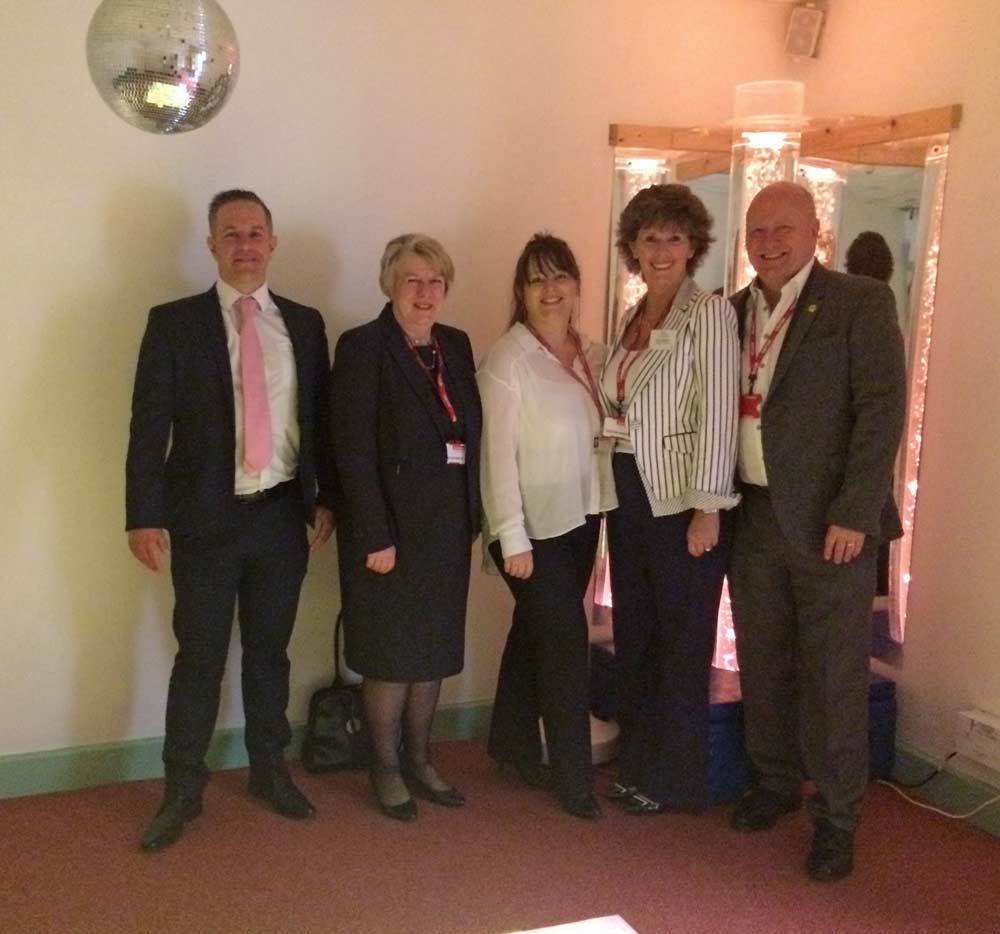 Inside the new sensory room at Henshaws Specialist College. Left to right: Chris Brewis (4Life Wealth Management), Sue McGregor, (4Life Wealth Management), Angela North (Henshaws Specialist College Principal), Elaine Hinchliffe (St James’s Place Foundation) and Andy Hinchliffe (St James’s Place Foundation)