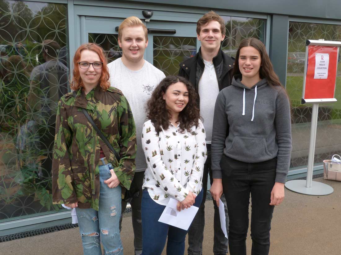 Craig Turney, Jonathan Morrison, Leah Taylor, Amelia Byrne and Millie Bell celebrate collecting their A level results at Rossett School