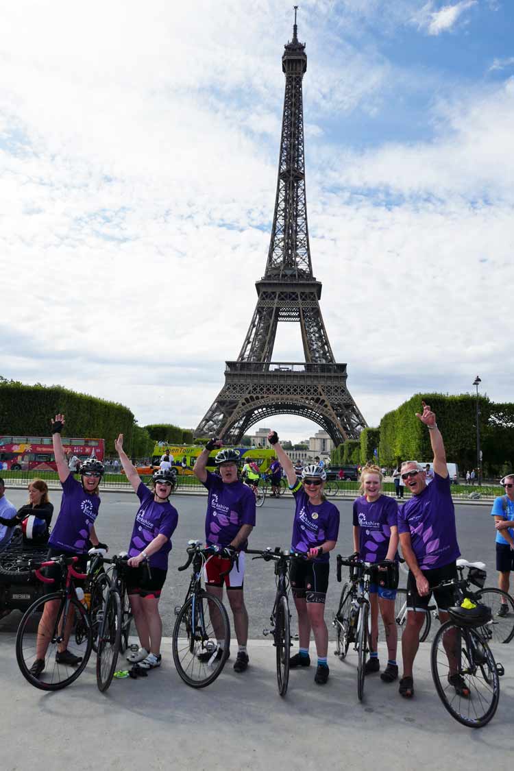Samantha Harrison of Continued Care completed the London to Paris Bike Ride in aid of the Yorkshire Cancer Centre, with daughter Amy and friends Louise Annat, Andy Roberts, and Jon and Sally  Hatchard