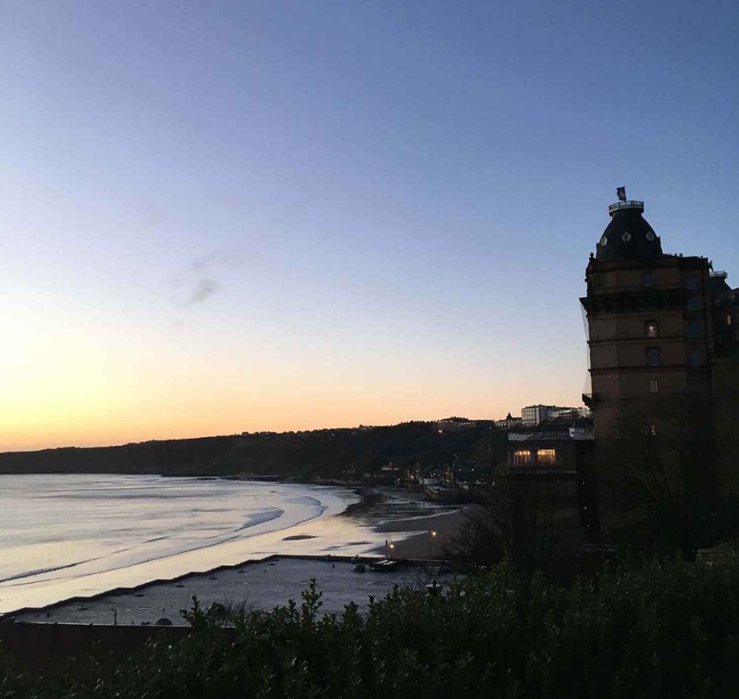 Looking across the bay towards Filey one morning with a silhouette of Scarborough’s Grand Hotel in the foreground