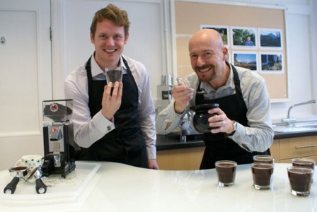 Full of Beans! Mike Riley (right) of Kipanga Coffee Consultancy educates Gent Visick’s Nick Prescott in the art of coffee sampling