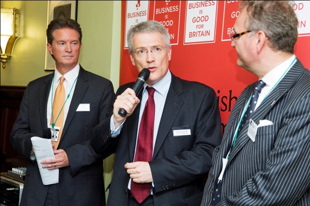 Andrew Jones MP speaks to guests alongside Mike Glenn, European Managing Director, CH2M HILL, on the left, and John Longworth, Director General of the BCC, on the right.