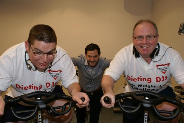 Dieting DJs! Harrogate hospital presenters Scott Wall (left) and Shaun Gill are supervised by Nuffield Health & Fitness club manager Tom Greaves Dieting DJs! Harrogate hospital presenters Scott Wall (left) and Shaun Gill are supervised by Nuffield Health & Fitness club manager Tom Greaves