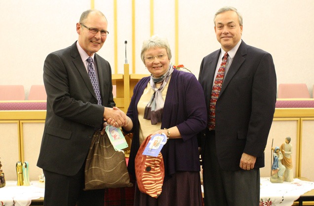Mr David Randall (left of picture) from the Harrogate Homeless Project and Mrs Lynn Purser (centre of picture), current President of the Relief Society in Harrogate and Mr Greg Carson (right of picture), one of the local Church leaders