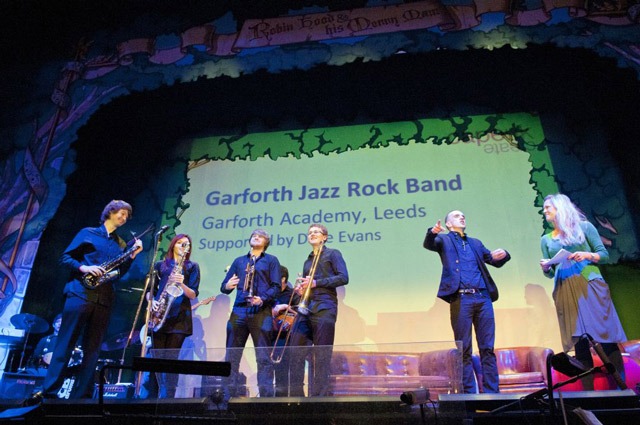 Garforth Academy's Jazz Rock Band and presenters Andrew McMillan and Lucy Hind