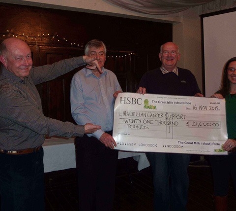 Mike Holt, GMSR chair; Dennis Bell, Pateley Club landlord; Bob Drake GMSR treasurer; Macmillan fundraising manager, Robyn Mountain Wade