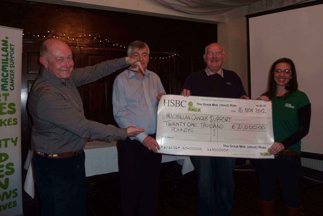 Mike Holt, GMSR chair; Dennis Bell, Pateley Club landlord; Bob Drake GMSR treasurer; Macmillan fundraising manager, Robyn Mountain Wade