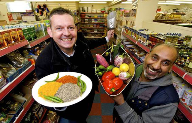 David Deacon, from The Shoulder of Mutton in Kirkby Overblow nr Harrogate and Mohammed Amjad from the Poppadom restaurant in Huddersfield, shopping for supplies at Khadims Store in Huddersfield David Deacon, from The Shoulder of Mutton in Kirkby Overblow nr Harrogate and Mohammed Amjad from the Poppadom restaurant in Huddersfield, shopping for supplies at Khadims Store in Huddersfield