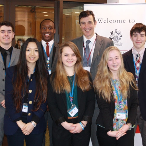 back row from left to right: Year 12 students, Will Eley, Carl Hassan, Headteacher Mr Richard Sheriff and Hugo Strauss Front row left to right: Year 12 students, Steph Wong, Jenny Visick and Emily Allanson