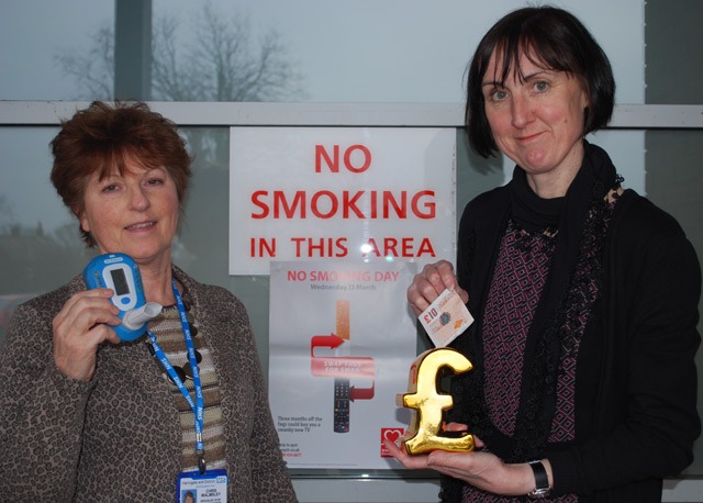 Chris Walmsley, Specialist Stop Smoking Adviser (left) and Jo Dickinson, Team Leader for the North Yorkshire Stop Smoking Service, urging people to swap ash for cash and improve their health on No Smoking Day