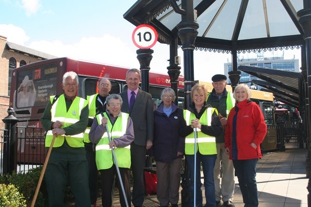 Nigel Eggleton, Transdev’s Director of Sales and Marketing is pictured with Pam Grant, President of Harrogate in Bloom and volunteers Chris Beard, Geoff Scurrah, Frances Scurrah, Angela Henson, Mary Bond and  Tony Sissons