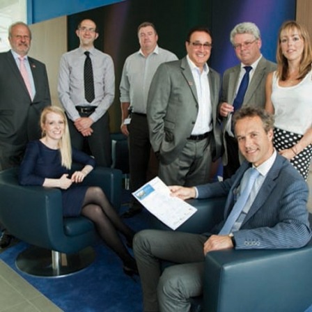 (L to R) Managing director of Trio Healthcare Ltd, John Chacksfield; Deloitte LLP senior tax manager, Laura Burton; general manager of Everbuild Building Products Ltd, Christophe Bind; logistics manager of Pace Plc, Brian Farrell; keynote speaker, Larry Gould; industrial products sales manager, Weidmann Whitley Ltd, Tony Albrecht; and (sitting) managing director of Industrial textiles and Plastics Ltd, Marc Van der Voort and export sales manager of Optimum Medical Solutions, Victoria Boldison.