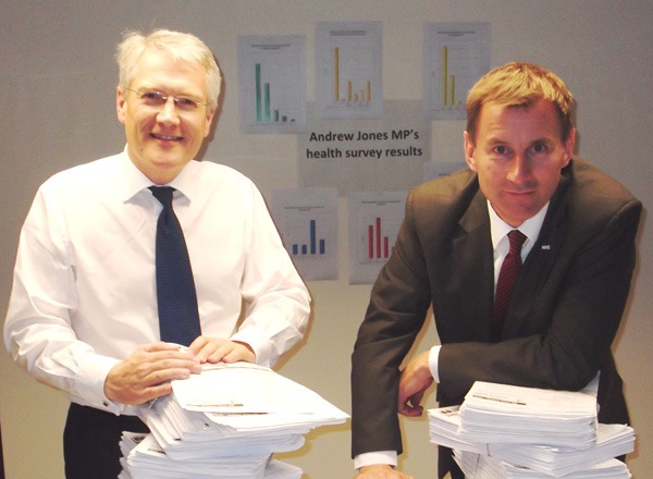 Andrew Jones MP and Rt Hon Jeremy Hunt MP, Secretary of State for Health, with just some of the health surveys returned by local residents