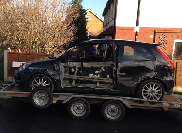The damaged Ford Fiesta following the incident