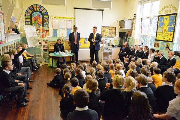 Back left- Matt Shillito (Headteacher) Rt Hon. Lord Hill of Oareford, Leader of the House of Lords, Nigel Adams, MP for Selby and Ainsty. Front- School Ambassadors and Vice-Chair of the Community Committee