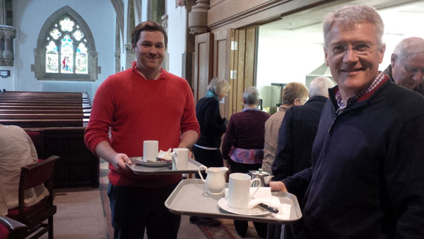 Andrew Jones MP helping out at St Peter’s Church for Fairtrade Coffee Day pictured with the Council’s current Fairtrade Champion, Councillor Steven Jackson