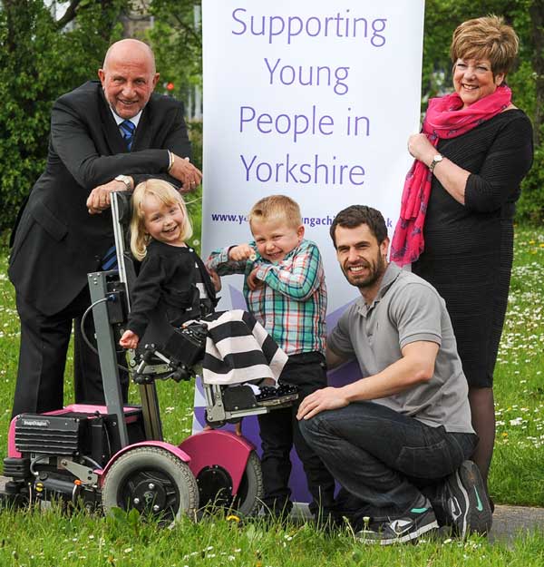Launching the 2014 Awards are, from left, Yorkshire Young Achievers Foundation Vice-chairman Richard Stroud, grant recipient Ellie Renton, three, and her brother William, five, previous winner actor Kelvin Fletcher and Kathryn McCormick of principal sponsors McCormicks Solicitors.