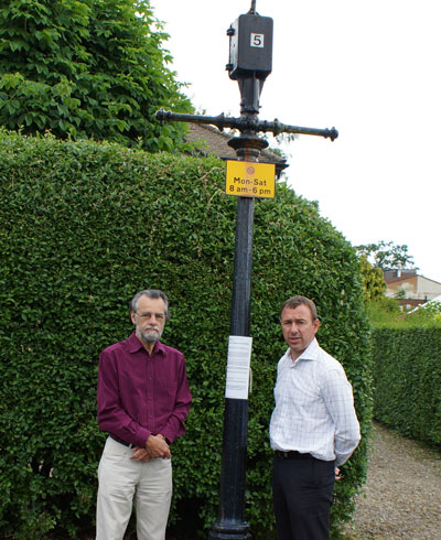 County Coun David Simister (right) and Henry Pankhurst, chairman of Harrogate Civic Society with one of the under threat lampposts