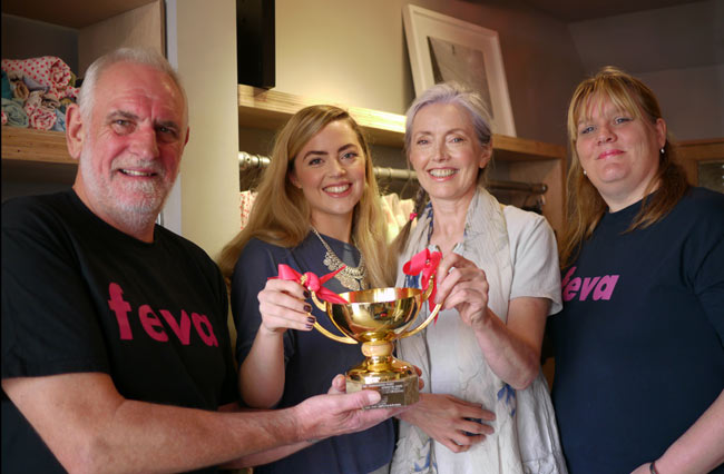 In photo Best_Dressed_2014_Giraffe (L to R) Tony Cerexhe (feva chairman), Alexandria Cloud, Elizabeth Collins (Giraffe owner), Sue Holden (feva secretary).