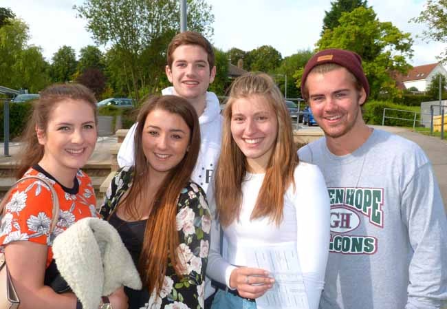 Katy Wignall, Faye Jesper, Josh Rock, Abi Pitts and Dylan Radcliffe collect their AS Level results at Rossett School