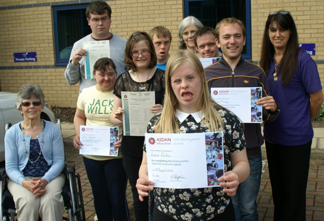 Learning For Employment! Disability Action Yorkshire Trustee Val Davies (back middle) with trainers Moira Christelow (far left) and Denise Baynton (far right) with learners Jessica Shepherd, Imogen Dickinson, Louise Dakin, Josh Murphy, David Kennett, Matt Culshaw and Ian McHugh