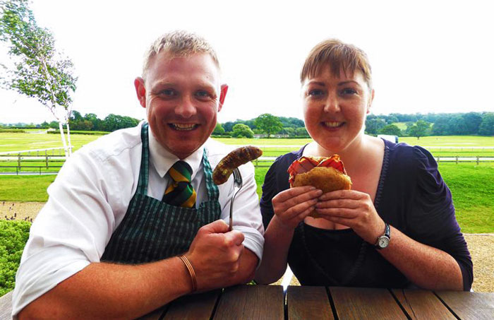 Head Butcher Paul Nicholson and General Manager Jane Thornber from Fodder enjoy Great Taste Award winning Blue Cheese Sausage and Honey-Cured Bacon